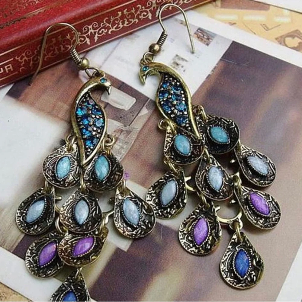 New Colorful Peacock Dangle Earrings - Picture 2 of 3